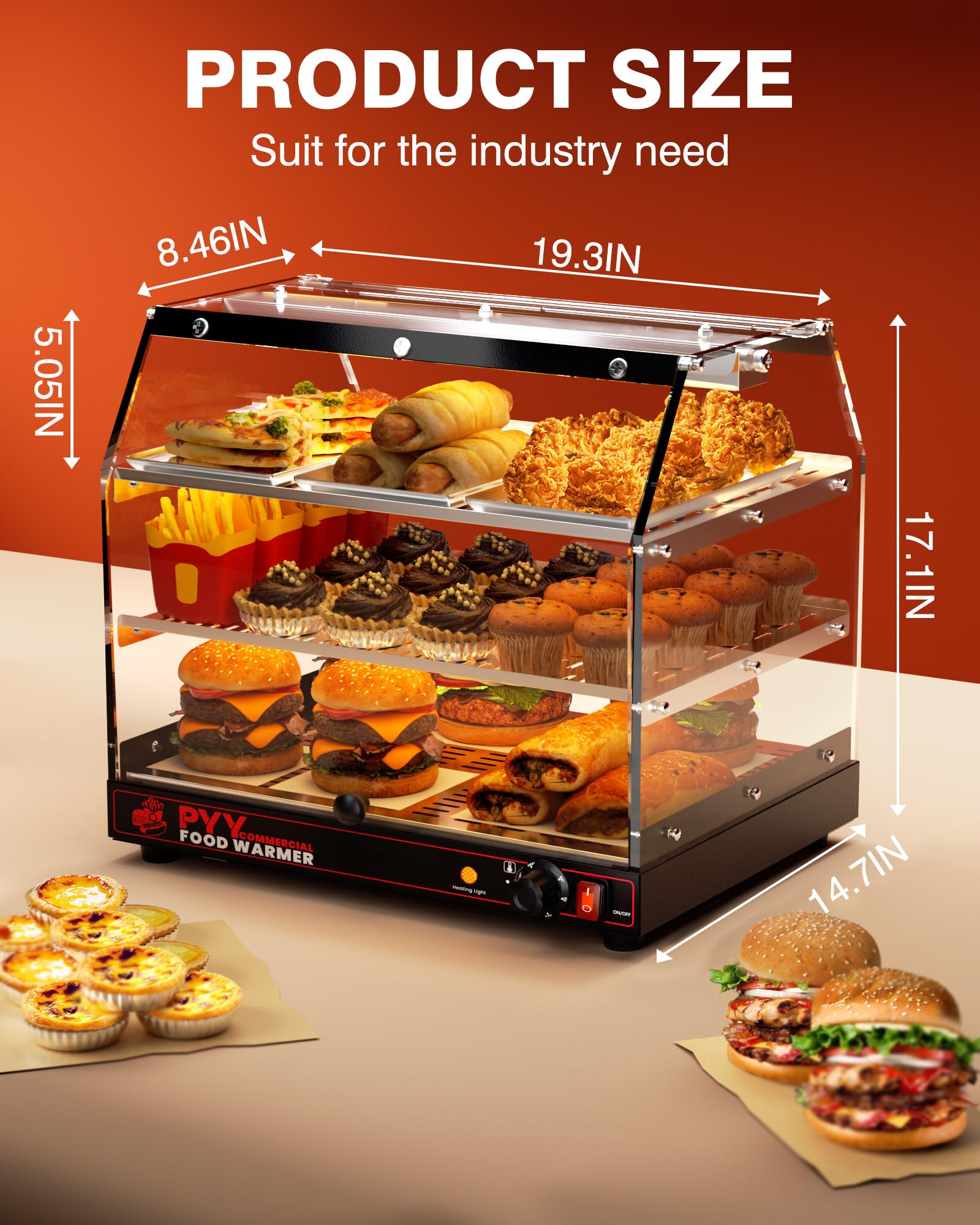 PYY Commercial Food Warmer Display - Countertop Hot Box Warming Cabinet for Restaurant Party Buffet, 3-Tier Electric Heating Case with Dual Insulated Door Suit for Pizza Hamburger, Black