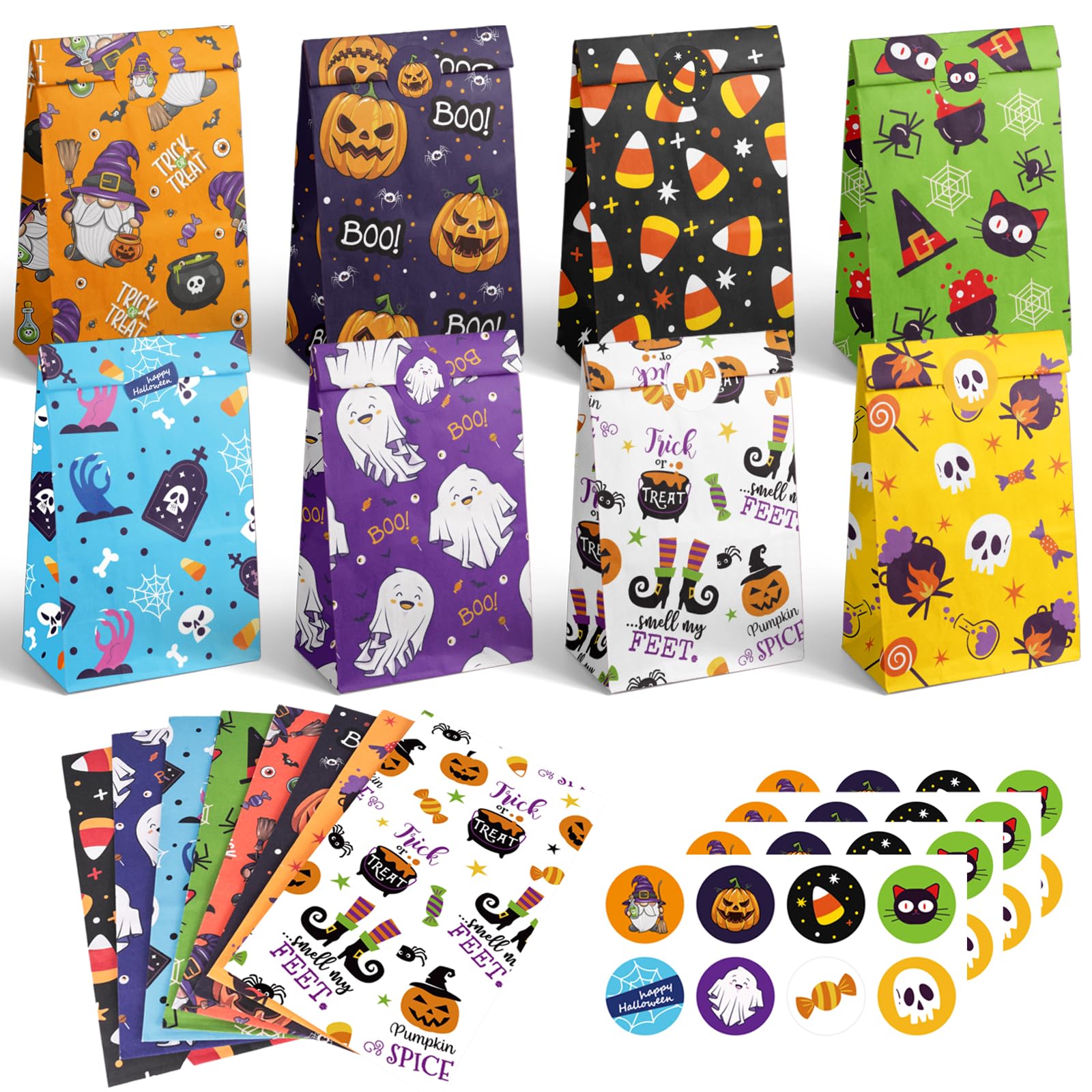 Elunpoe 32pcs Halloween Treat Bags Goodie Bags, Candy Bags for Trick or Treat, Perfect Halloween Party Favor Paper Bags for Snacks, Gift Bags, and Party Supplies