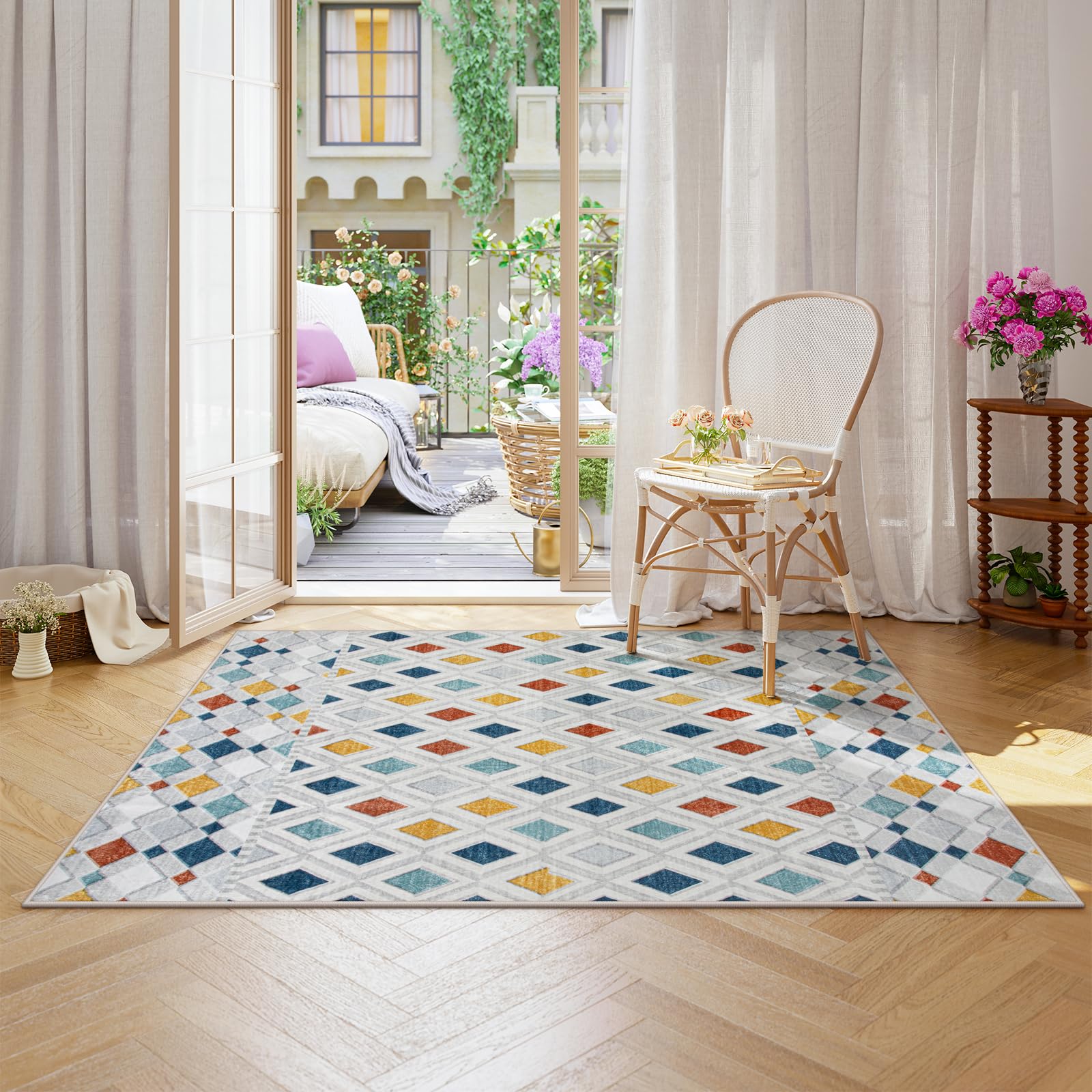 Lahome 5x7 Boho Checkered Area Rug, Geometric Trellis Modern Rug for Nursery, Soft Non Slip Washable Rugs for Hardwood Floors Bedroom Sunroom