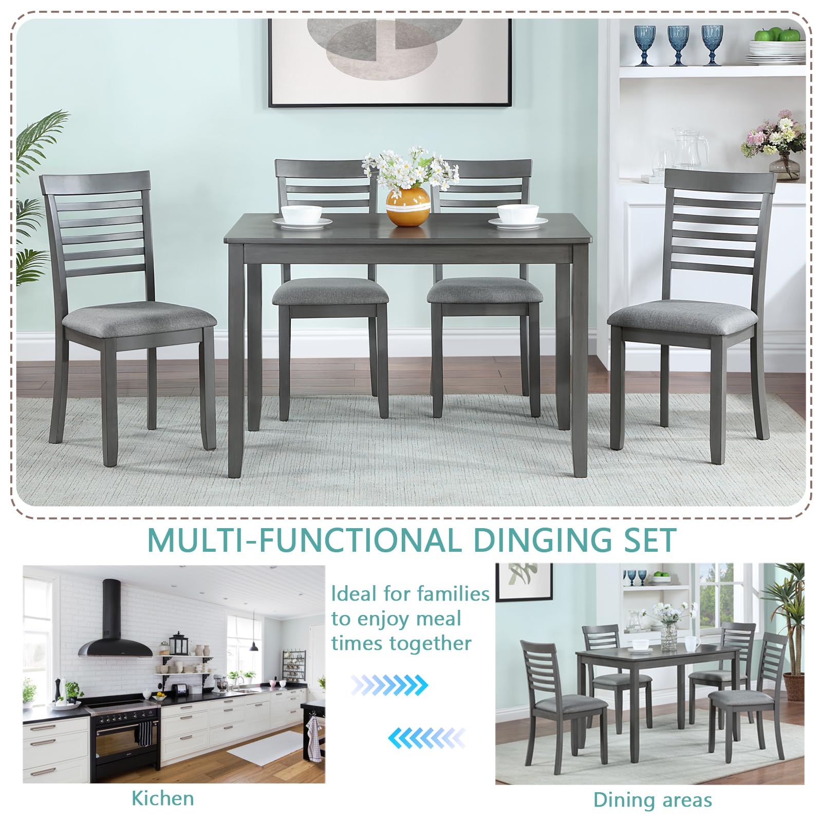 RuiSiSi Modern Dining Table Set for 4, Rectangular Dining Table with 4 Upholstered Chairs, 5 Piece Dining Table Set for Dining Room Kitchen Living Room, Wood Dining Room Table Set for 4, Gray