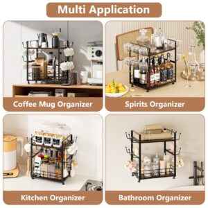 PONEYA 2 Tier Coffee Bar Organizer for Countertop, Coffee Mug Holder with 12 Hooks, Space-Saving Coffee Cup Stand for Storage Cups, Mugs, Syrups, Tea Bag, Kitchen Home Accessories