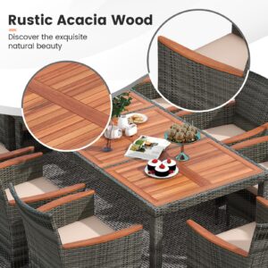 Tangkula 10 Pieces Patio Wicker Dining Set w/Double-Sided Patio Umbrella, Outdoor Acacia Wood Furniture Set w/ 8 Armchairs, 71” Dining Table & 15 ft Umbrella with Weighted Base (Beige)