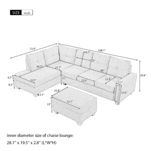 Favfurish 108 * 72.4" Reversible Sectional Sofa,with Storage Bench,L-Shaped Convertible Modular Couch,Rivet Ornament Backrest for Large Space,Dormitories,Living Rooms,Apartments,Light Gery