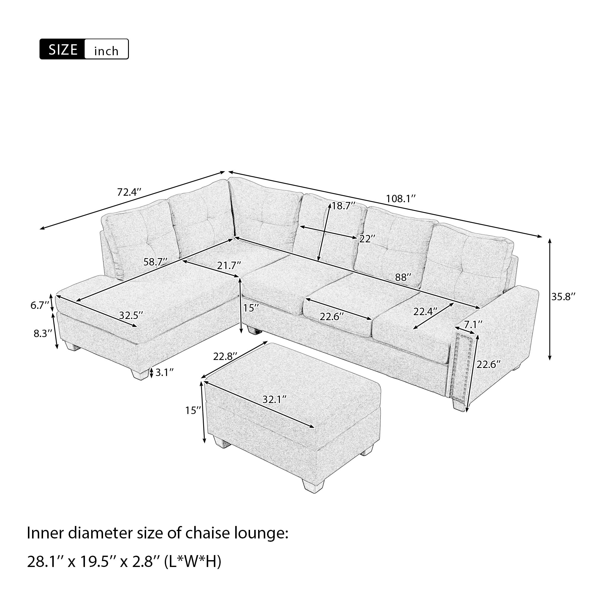 Favfurish 108 * 72.4" Reversible Sectional Sofa,with Storage Bench,L-Shaped Convertible Modular Couch,Rivet Ornament Backrest for Large Space,Dormitories,Living Rooms,Apartments,Light Gery