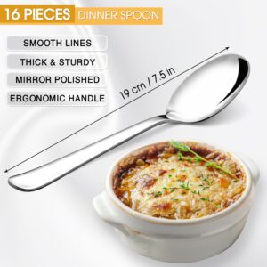 SENADORE Stainless Steel Dinner Spoons - Set of 16 - Mirror Finish and Dishwasher Safe - 7.5" Elegant and Sleek Design Soup Spoon for Modern and Casual Dining (Simple Modern)