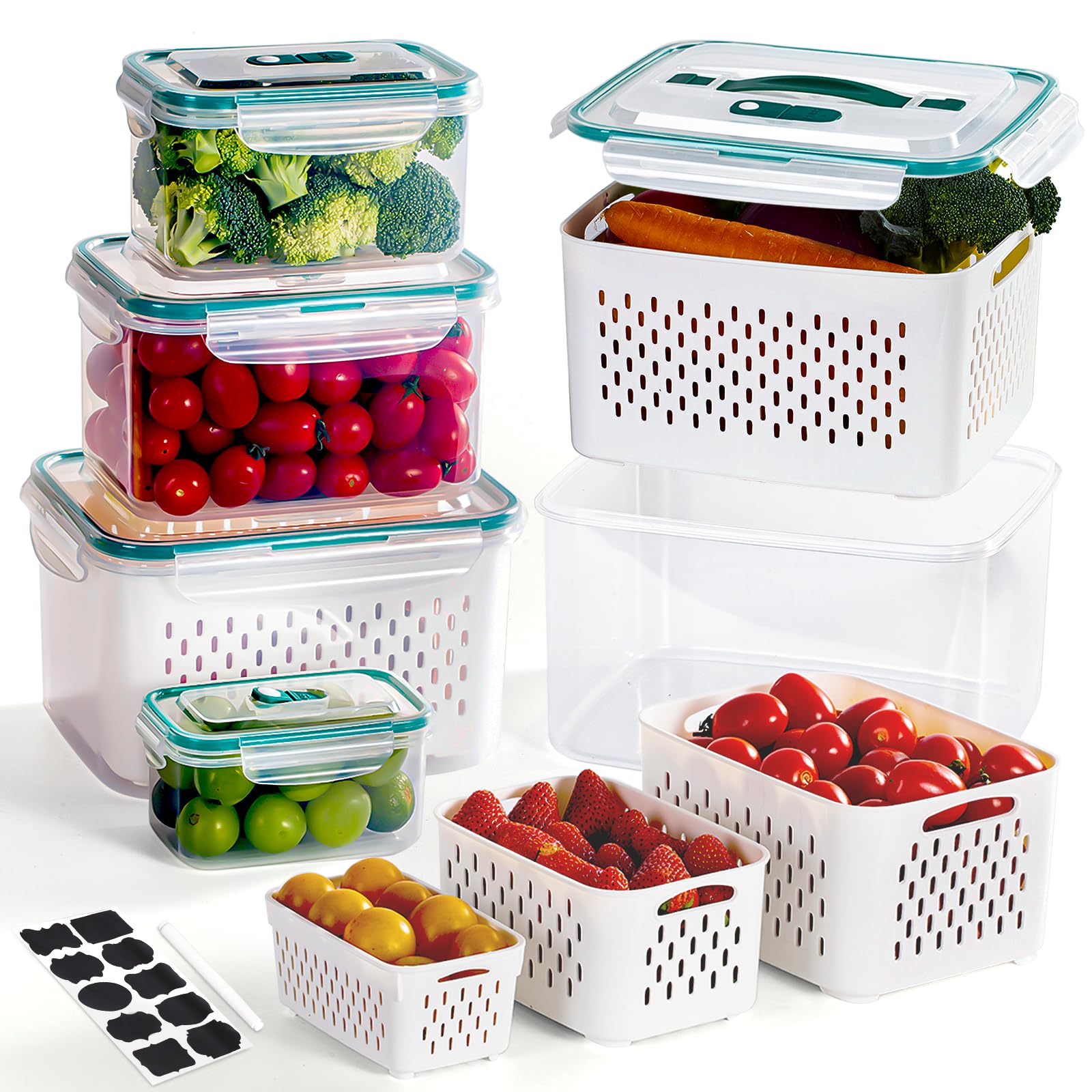 5 PCS Fruit Storage Containers for Fridge Leakproof Food Storage Containers with Removable Colander Label and Pen BPA-Free Fruit Containers for Fridge Keep Fruits, Vegetables, Meat Fresh longer