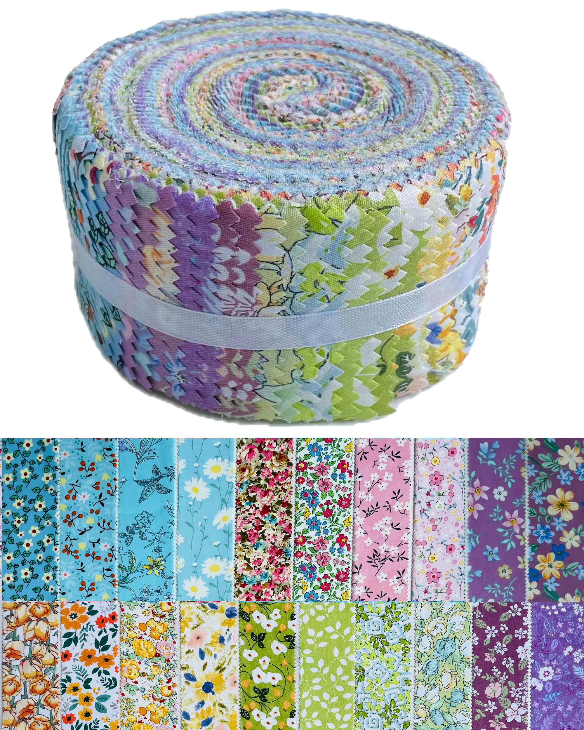 Jelly Roll Fabric 100% Cotton Quilting Fabric, 40 Pre-Cut Strips (2.5 x 44 Inch) for Quilting and Sewing - 20 Assorted Floral Prints -Flowering Season