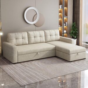 acqca 81.5" sectional sleeper sofa with storage chaise, l shaped pull out couch bed with 3 removable back cushion for living room, apartment,office,beige