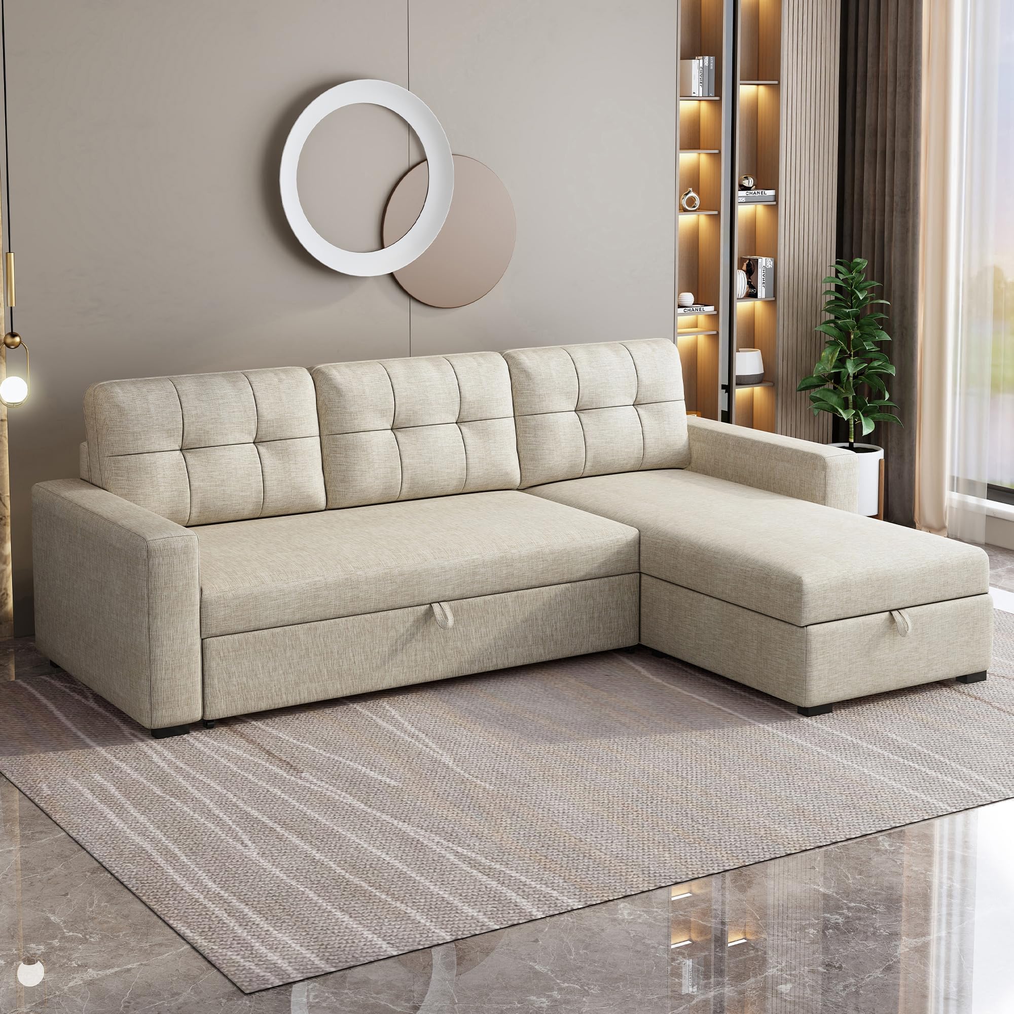 ACQCA 81.5" Sectional Sleeper Sofa with Storage Chaise, L Shaped Pull Out Couch Bed with 3 Removable Back Cushion for Living Room, Apartment,Office,Beige