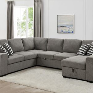 RENDGO 125'' U Shaped Oversized Sectional Sofa Couch with Cabinet,7 Seat Sectional Sleeper Sofa Bed with Storage Chaise, Pull Out Bed for Living Room,Grey