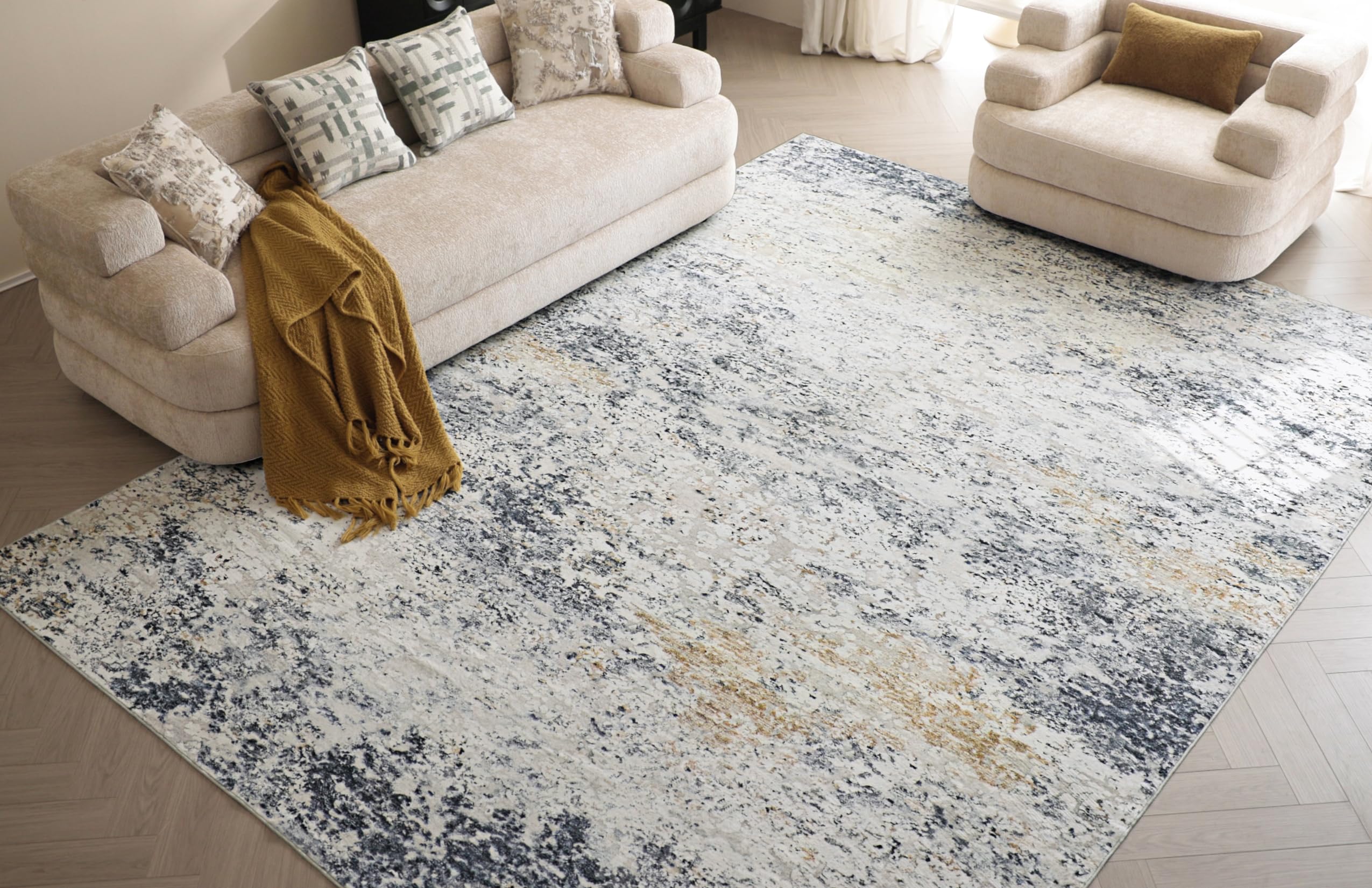 LOVORAL Area Rugs for Living Room: 5x7 Washable Neutral Abstract Rug for Bedroom Large Soft Modern Dining Room Rugs Indoor Floor Low Pile Carpet for Home Office Nursery - Blue Grey