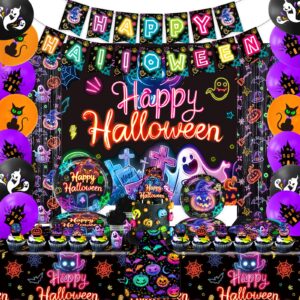 glow neon party supplies tableware set, 256 pcs let's glow halloween party decorations include neon plates and napkins cups glow tablecloth halloween banner for neon baby shower party decorations