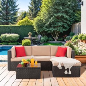 sunlei 5-piece outdoor patio furniture set – all-weather sectional sofa with pe rattan and manual weaving, includes conversation set with glass table, ottoman, cushions, and red pillows, beige