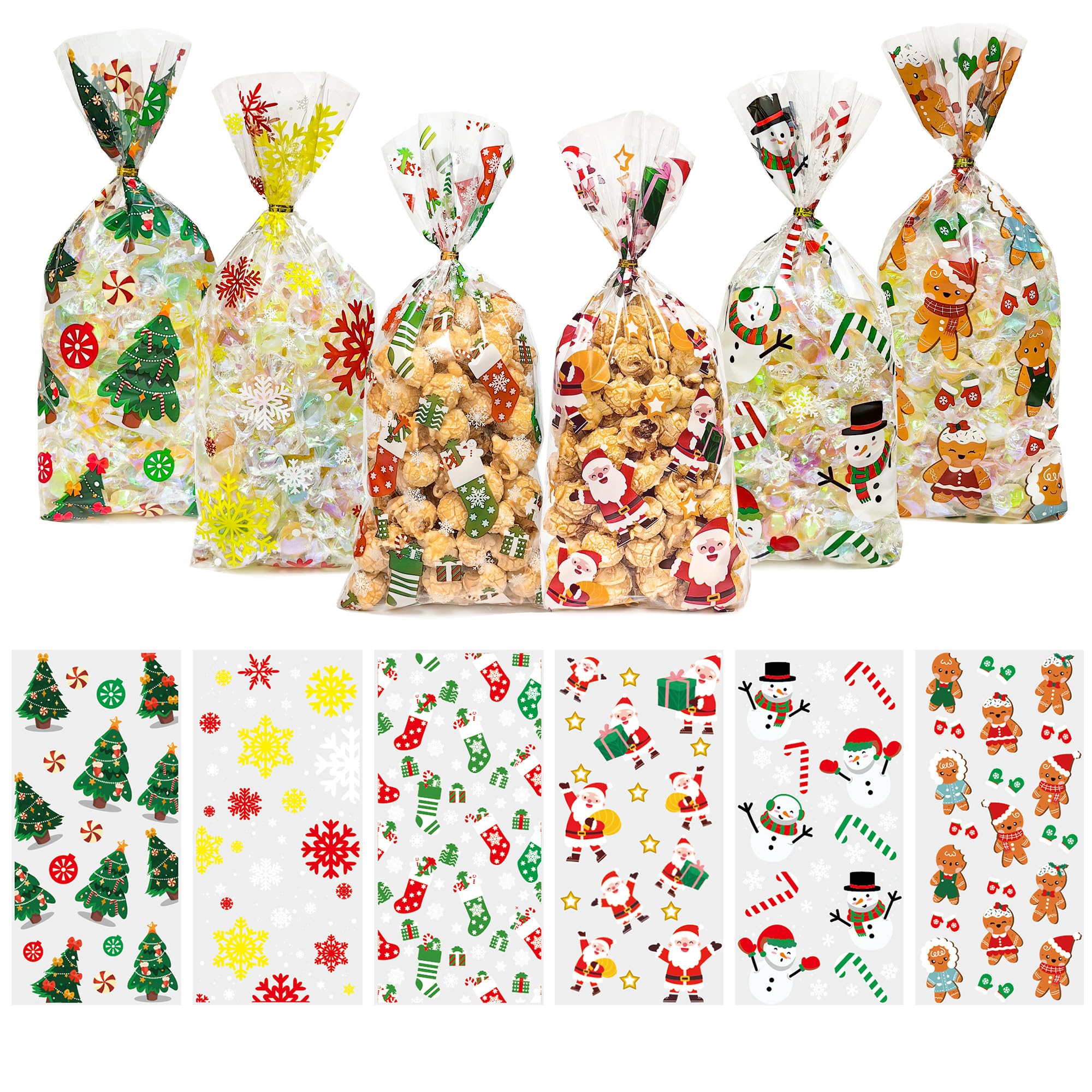 Christmas Treat Bags, Christmas Candy Bags, Christmas Bags for Goodies, 60 PCS Christmas Cellophane Bags with Ties, Christmas Plastic Bags, Christmas Cello Bags for Christmas Day Party Favor Supplies