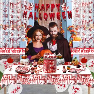 Halloween Party Supplies Tableware Set, Bloody Halloween Party Decorations, Halloween Scary Bloody Plates and Napkins Cups Plastic Tablecloth Dinnerware Set for Zombie Horror Theme Party Decorations