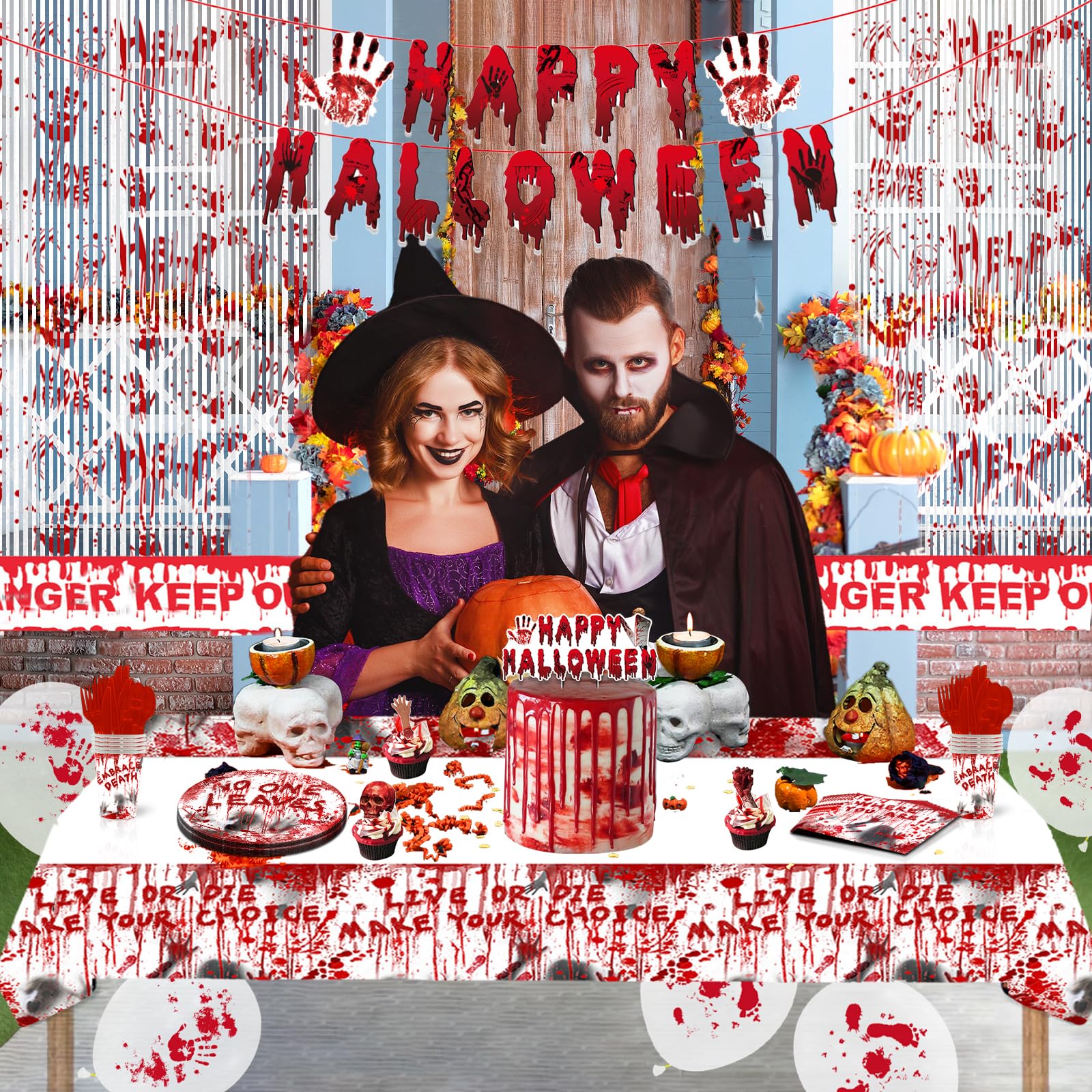 Halloween Party Supplies Tableware Set, Bloody Halloween Party Decorations, Halloween Scary Bloody Plates and Napkins Cups Plastic Tablecloth Dinnerware Set for Zombie Horror Theme Party Decorations