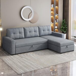 acqca 81.5" sectional sleeper sofa with storage chaise, l shaped pull out couch bed with 3 removable back cushion for living room,apartment,office,light grey