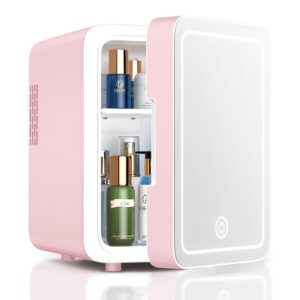 cutieworld skincare fridge with dimmable led light mirror, 4l makeup mini fridge for bedroom, car, office & dorm, cooler & warmer, portable small refrigerator for cosmetics, skin care and food, pink