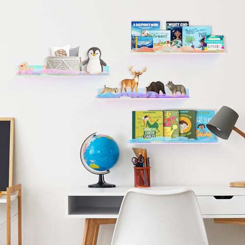 wooshwa Iridescent Rainbow Acrylic Floating Shelves,15in Kids Wall Mounted Nursery Bookshelves, Display Ledge for Books Toys Cosmetic, Bathroom Bedroom Living Room Wall Decor and Storage, 4 Pack