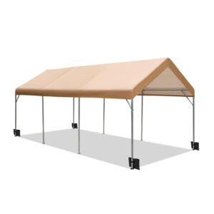 GREEN PARTY Carport, 10’ X 20’ Heavy Duty Car Canopy with Powder-Coated Steel Frame, Portable Car Canopy Party Tent Garage Boat Shelter with Sand Bag, Waterproof & UV Protected Tarp, 8 Legs, Beige