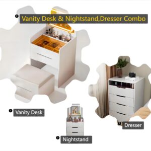 Vanity Desk & Nightstand Combo - Flip Top Mirror, 3 Drawers, Bright LED Lights, and Cushioned Stool