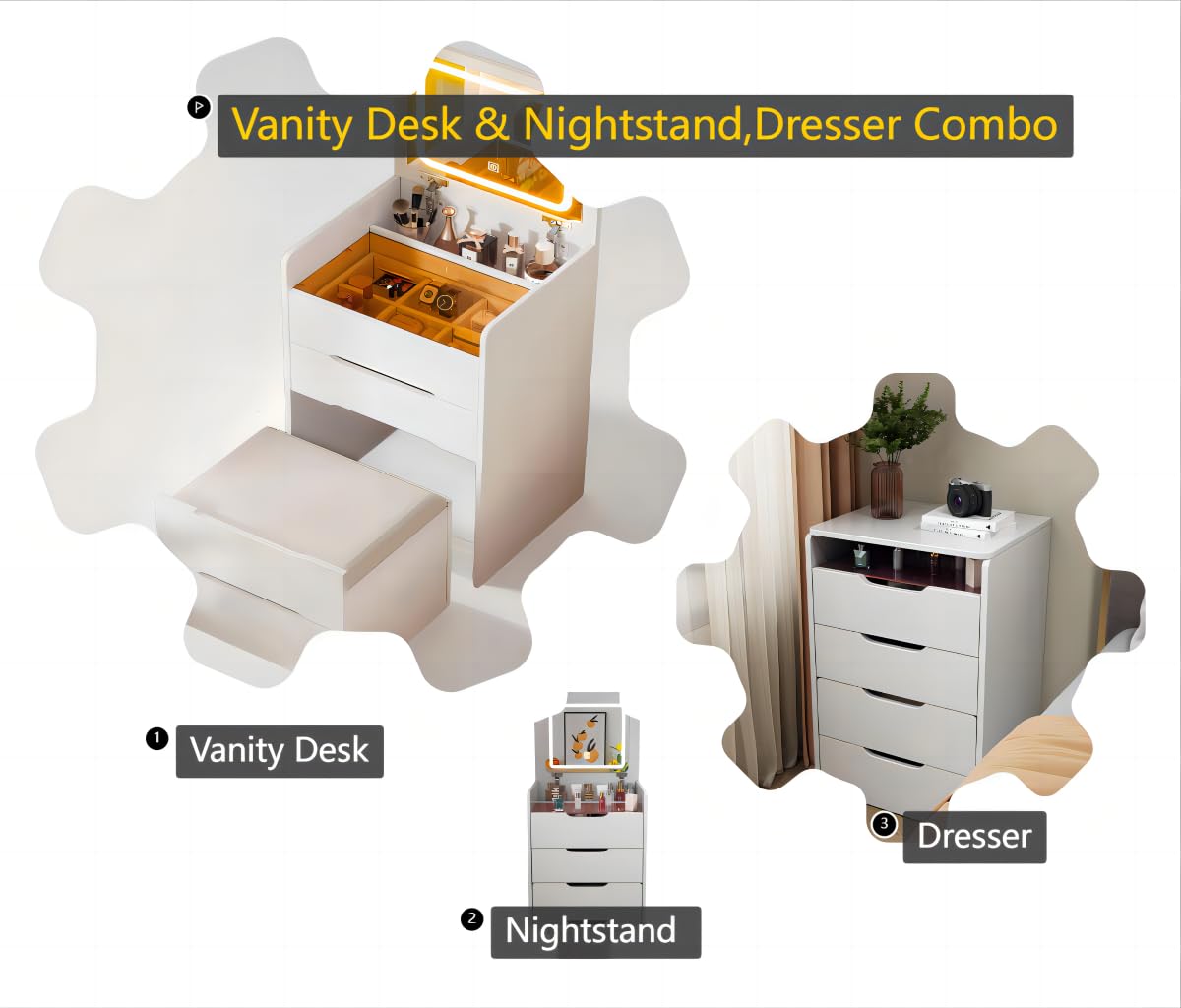 Vanity Desk & Nightstand Combo - Flip Top Mirror, 3 Drawers, Bright LED Lights, and Cushioned Stool