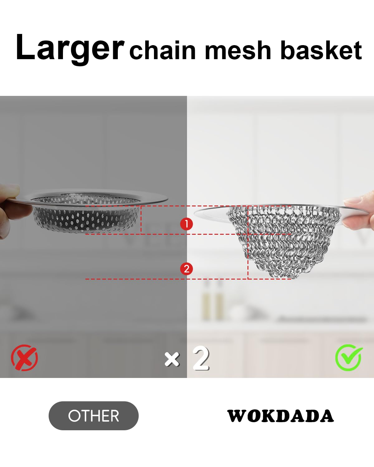 1Pack Kitchen Sink Drain Strainer for Easy Clean Large Basket & 1Pack Bathtub Drain Hair Catcher, Wokdada Fast Drainage Shower Drain Hair Catcher