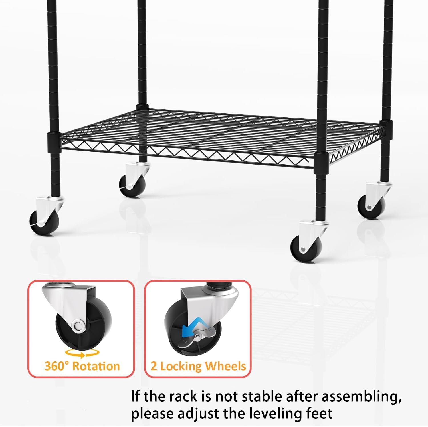 5 Tier Storage Shelves with Wheels, Heavy Duty Metal Garage Shelving Unit and Adjustable Feet, 865lb High Capacity Rolling Storage Shelf for Kitchen, Office, Dining Room (23.6"x 17.7"x 72"), Black