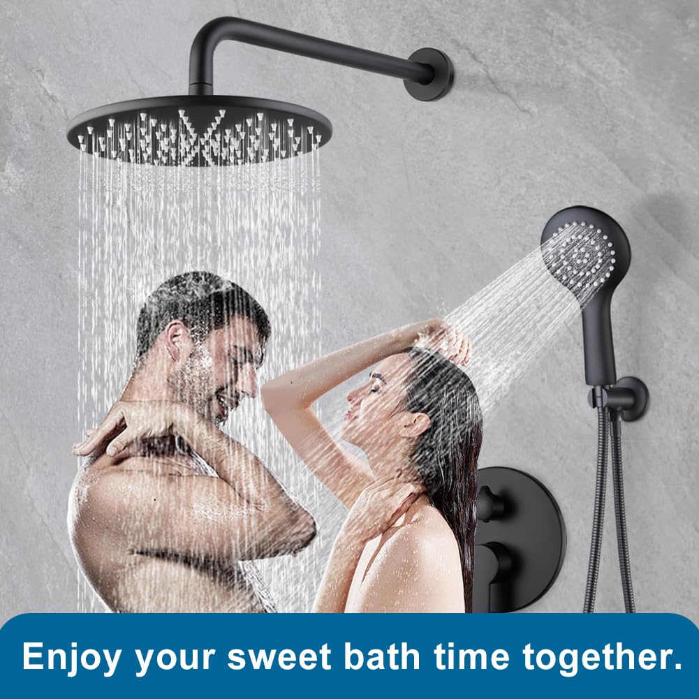 All Metal Black Shower Faucet Set Round Shower Head and Handle Set, Bathroom Rainfall Shower System, Wall Mounted Shower Fixtures, Include Shower Valve and Trim Kit, Matte Black