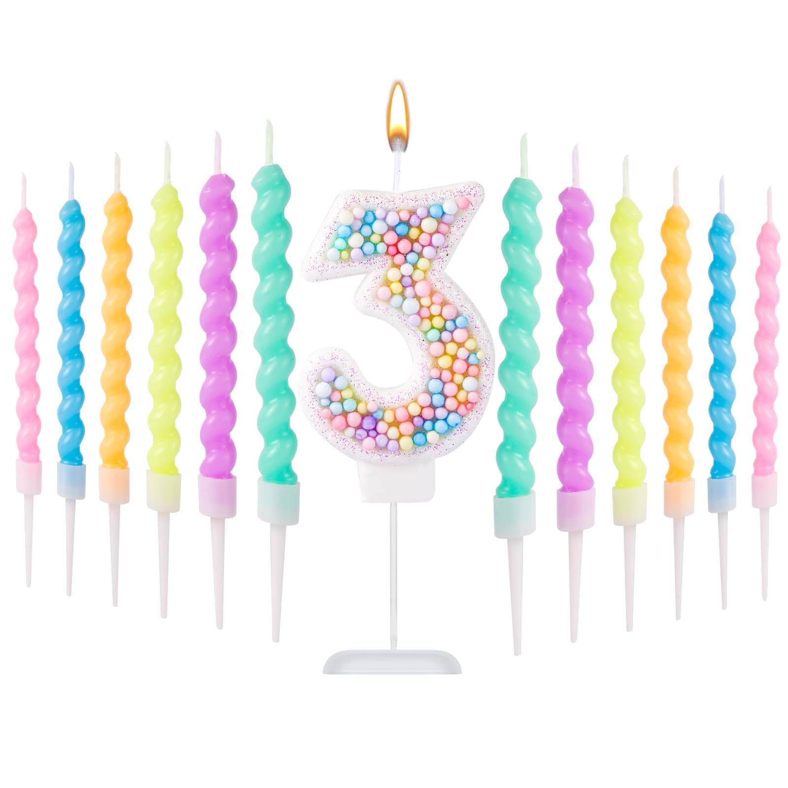 Birthday Numbers Candles, Macaron Number Candles 0-9 Sweet Numeral Topper with Plastic Holder Girl Birthday Cakes Decoration for Wedding Party Anniversary Decoration (Number 3)