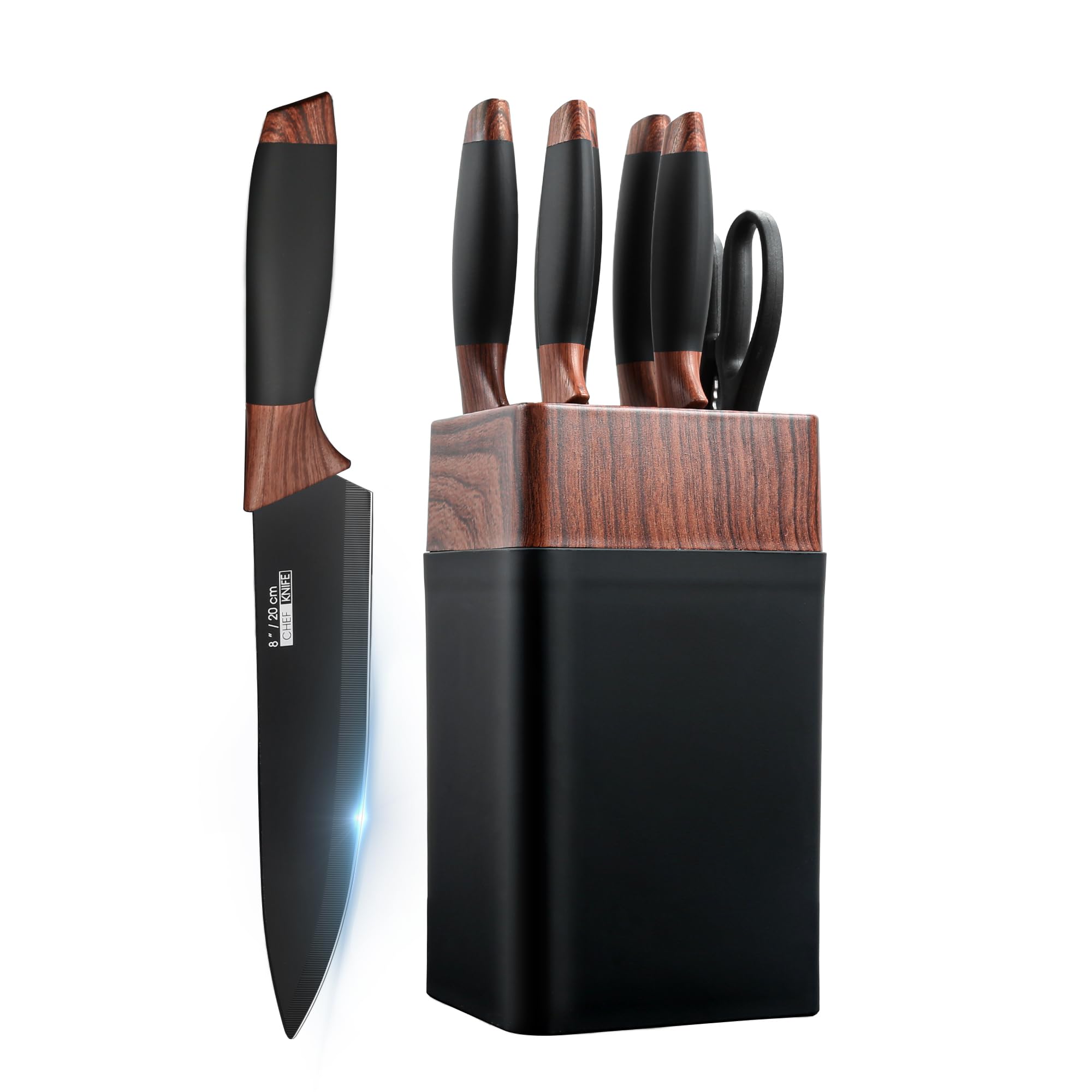 Aufranc® Kitchen Knife Set, 7PCS Knife Set With Block, Stainless Steel Knife Block Set, Dishwasher Safe, Black