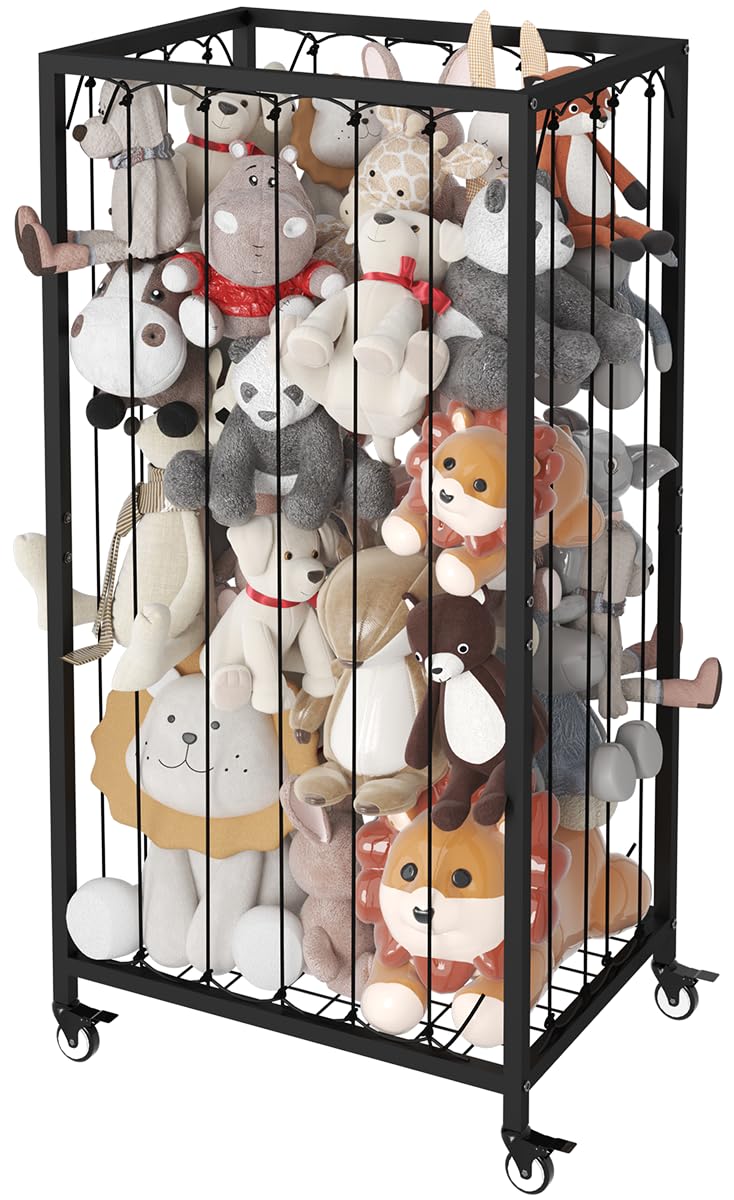 Ardier Stuffed Animal Storage Organizer with Wheels, Stuffed Animal Zoo Shelf with Elastic Rope for Nursery, Play Room, Bedroom, Kids Plush Toy Holder for Boys and Girls, Black.