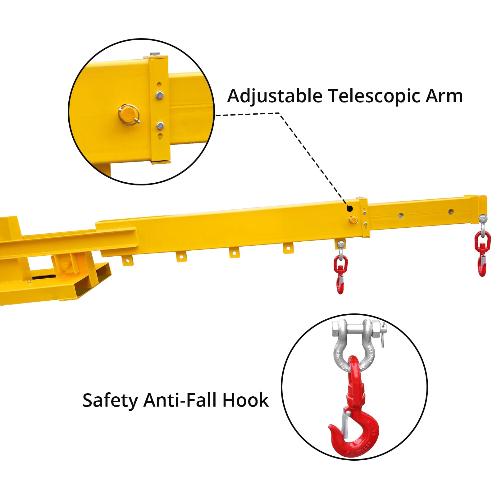 TROPOW Fork Mounted Adjustable Hoist Jib Boom Crane, Adjustable Telescopic Forklift Jib Boom Crane with Two 3 Tons Swivel Hooks, 6000 LBS Lift Capacity Forklift Crane for Warehouse or Factories