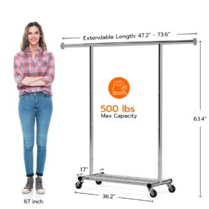 Frylr Heavy Duty Clothing Rack - Portable Metal Garment Rack with Wheels, Rolling Clothes Rack with Adjustable Hanging Rods, and Free Standing Design, Silver