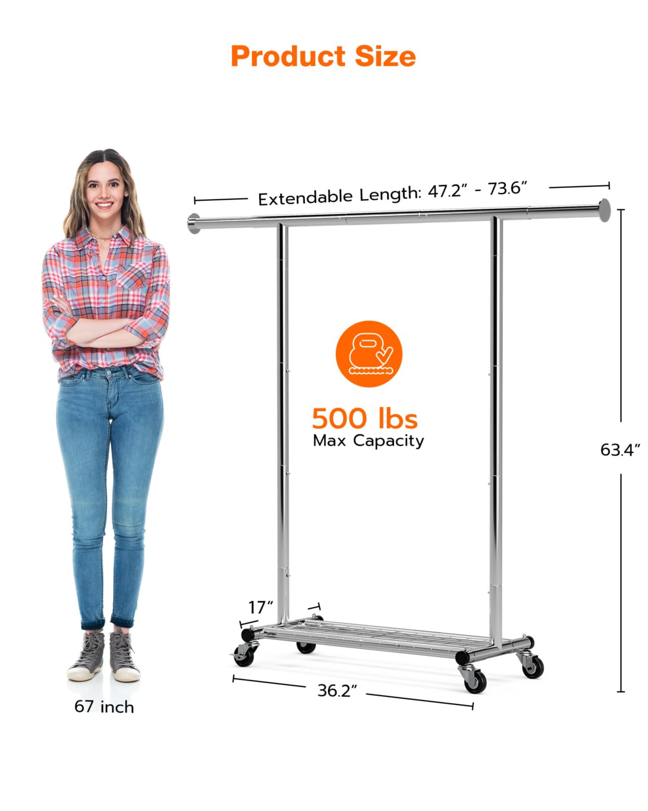 Frylr Heavy Duty Clothing Rack - Portable Metal Garment Rack with Wheels, Rolling Clothes Rack with Adjustable Hanging Rods, and Free Standing Design, Silver