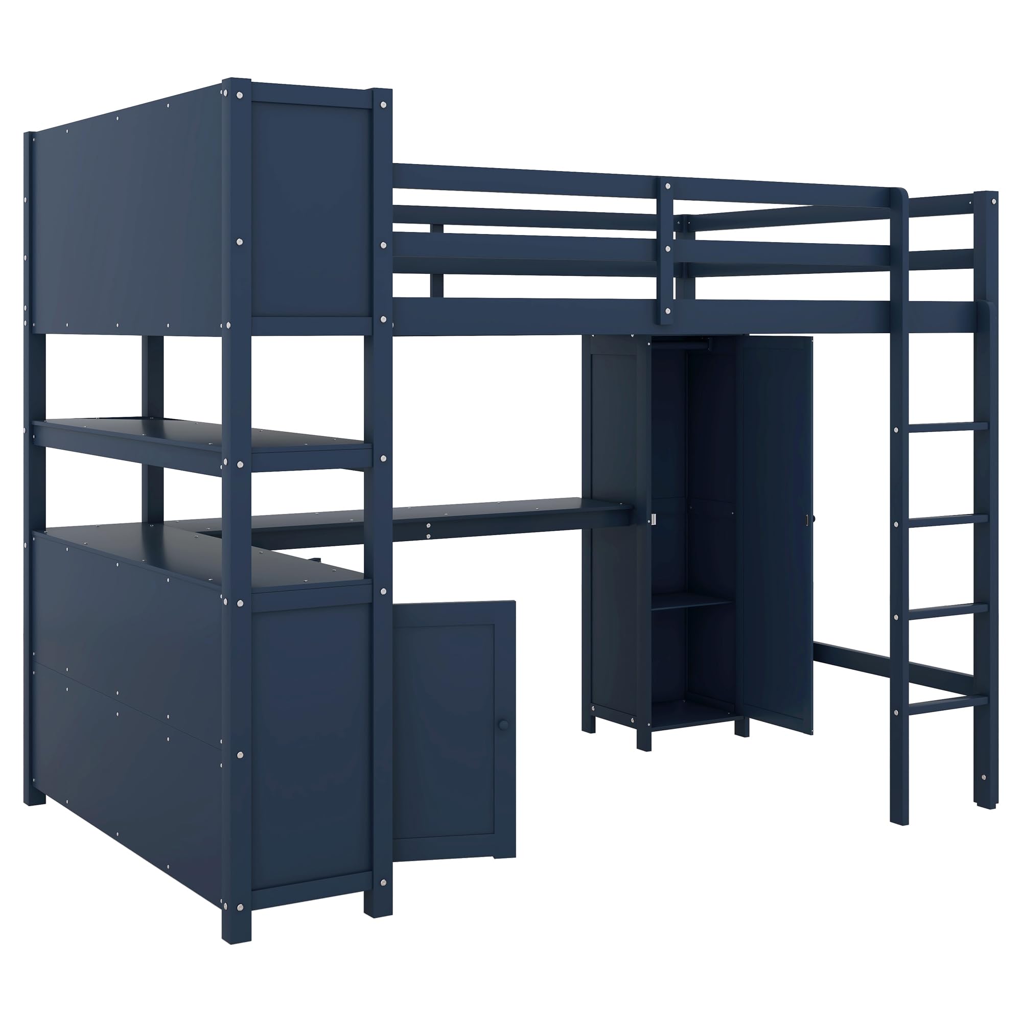 VilroCaz Wood Loft Bed with Built-in Desk and Wardrobe, Modern Full Size Loft Bed Frame with Cabinet and Bookshelf for Kids Teens Adults Bedrooms, Maximize Space (Dark Blue-7.22)