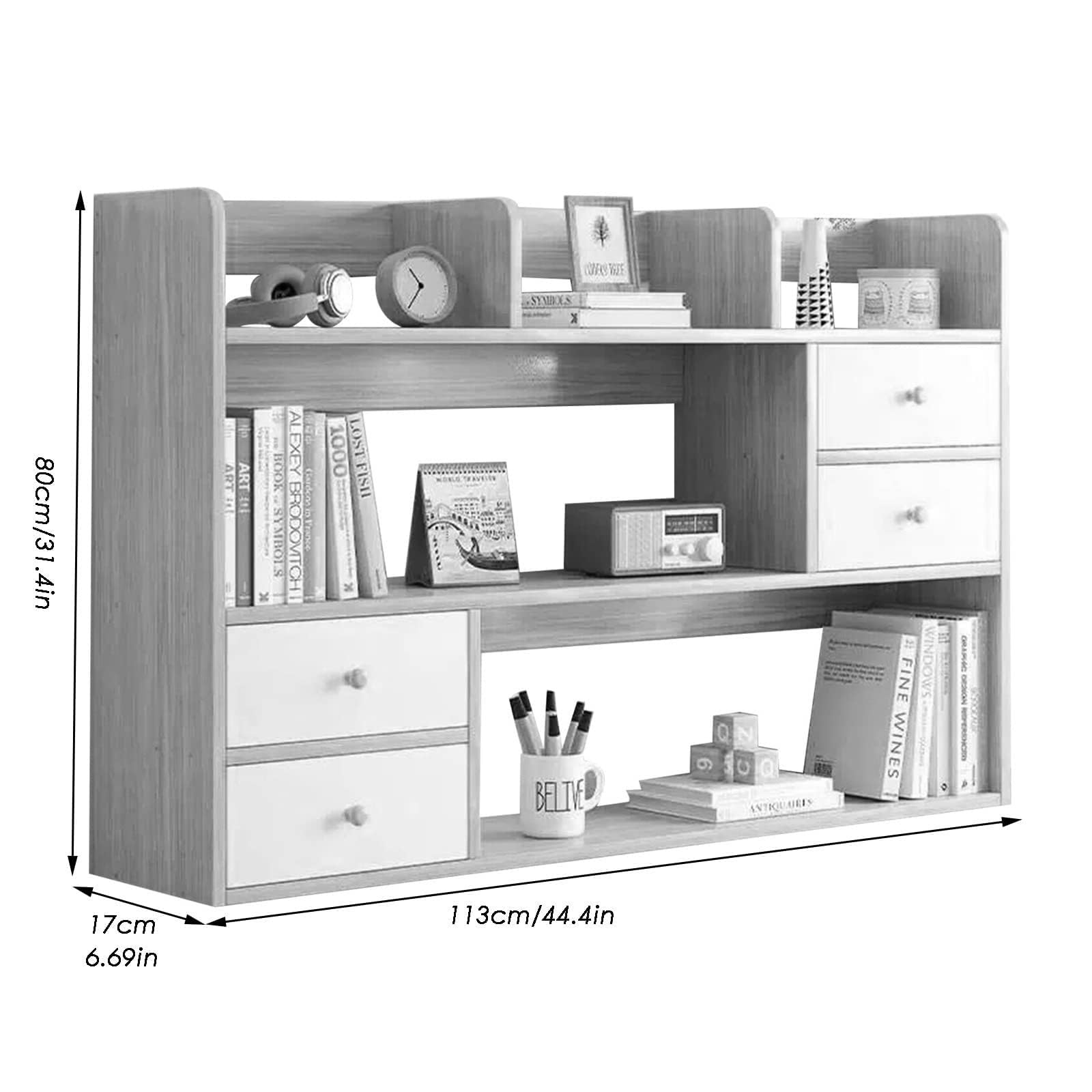 PAUANI Desktop Bookshelf - Countertop Hutch Bookshelf, Wooden Desk Organizer, Computer Desk Tabletop Bookshelf, Open Storage Display Rack, Multipurpose Countertop Hutch Bookshelf with Drawer(B)