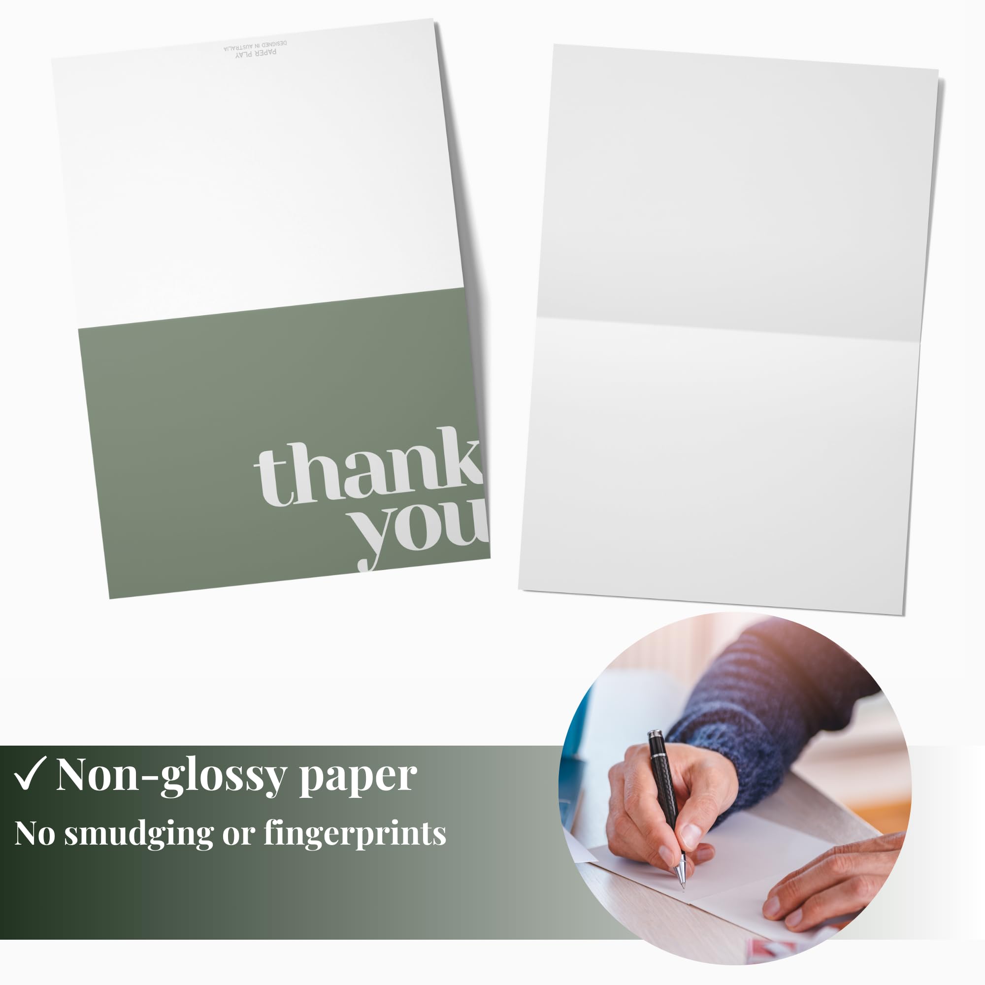 Paper Play Thank You Cards Bulk Pack of 40 Green, 5x3.5 Inches with Matching Stickers & Envelopes, Minimalistic Design Suitable for Business, Baby Shower, Wedding, Small Business, Graduation, Funeral