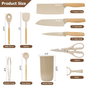 FTNESGYM Kitchen Knife Set, Knife Sets with Block and 4 PCS Kitchen Utensils Set, 10-in-1 Cooking Utensils Set with Knife Set and Utensils Holder, Silicone Spatula Set for Kitchen (Khaki)