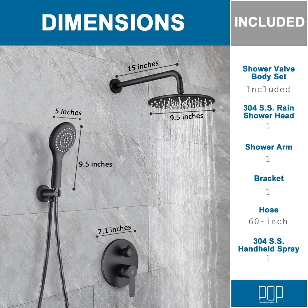 All Metal Black Shower Faucet Set Round Shower Head and Handle Set, Bathroom Rainfall Shower System, Wall Mounted Shower Fixtures, Include Shower Valve and Trim Kit, Matte Black