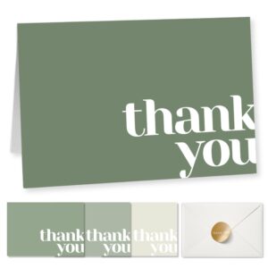 paper play thank you cards bulk pack of 40 green, 5x3.5 inches with matching stickers & envelopes, minimalistic design suitable for business, baby shower, wedding, small business, graduation, funeral