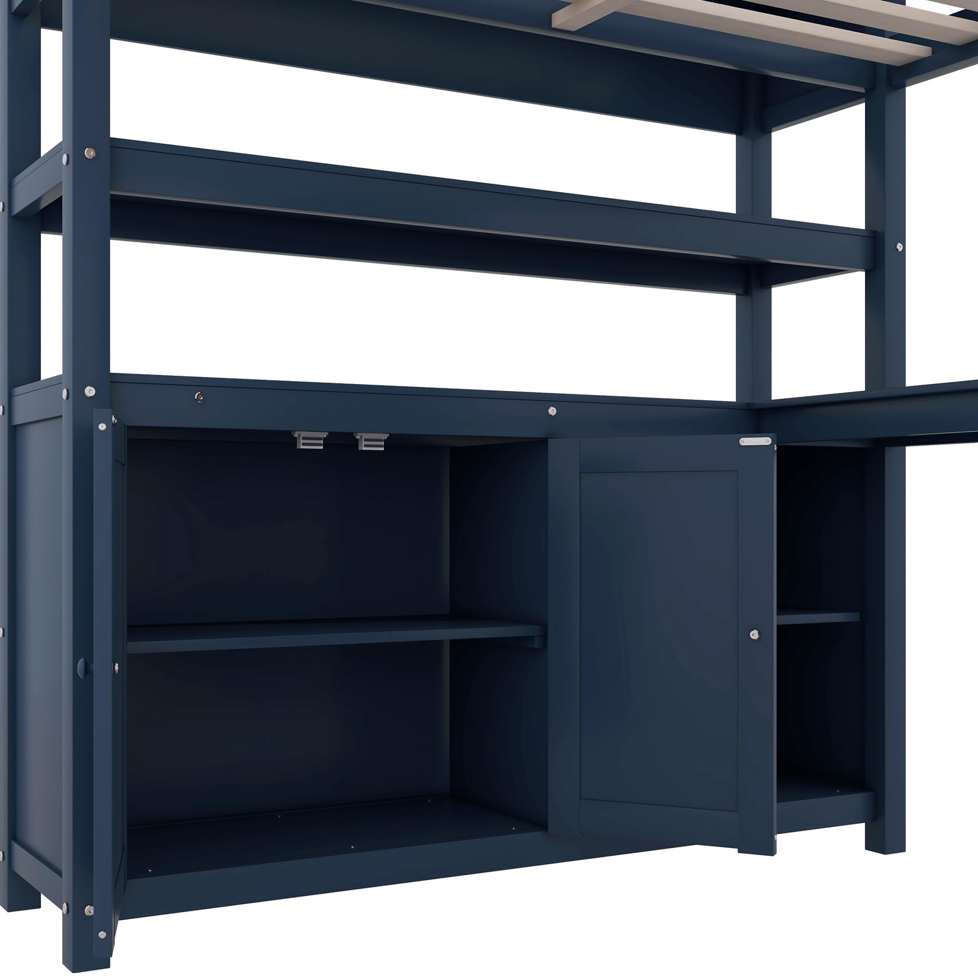 VilroCaz Wood Loft Bed with Built-in Desk and Wardrobe, Modern Full Size Loft Bed Frame with Cabinet and Bookshelf for Kids Teens Adults Bedrooms, Maximize Space (Dark Blue-7.22)