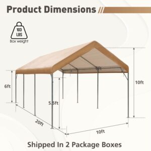 GREEN PARTY Carport, 10’ X 20’ Heavy Duty Car Canopy with Powder-Coated Steel Frame, Portable Car Canopy Party Tent Garage Boat Shelter with Sand Bag, Waterproof & UV Protected Tarp, 8 Legs, Beige