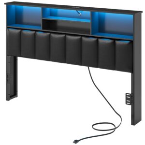 MSmask Queen Size Headboard Only, Upholstered Queen Size Bookcase Headboard with Charging Station and LED Lights, Modern LED Queen Bed Headboard with Storage, Bed Frame Adpater, Black