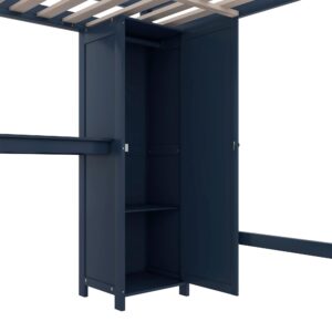 VilroCaz Wood Loft Bed with Built-in Desk and Wardrobe, Modern Full Size Loft Bed Frame with Cabinet and Bookshelf for Kids Teens Adults Bedrooms, Maximize Space (Dark Blue-7.22)