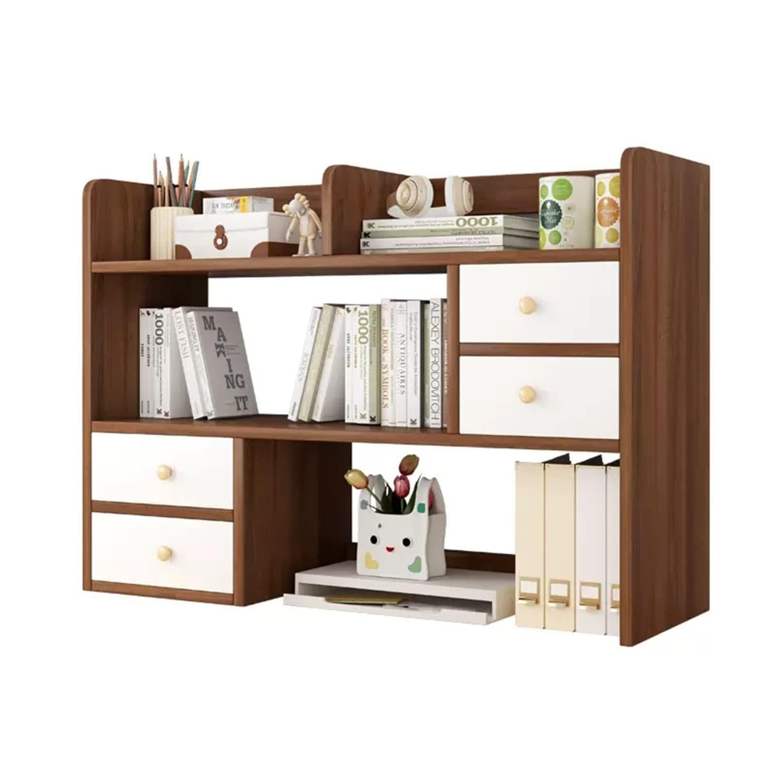 PAUANI Desktop Bookshelf - Countertop Hutch Bookshelf, Wooden Desk Organizer, Computer Desk Tabletop Bookshelf, Open Storage Display Rack, Multipurpose Countertop Hutch Bookshelf with Drawer(B)