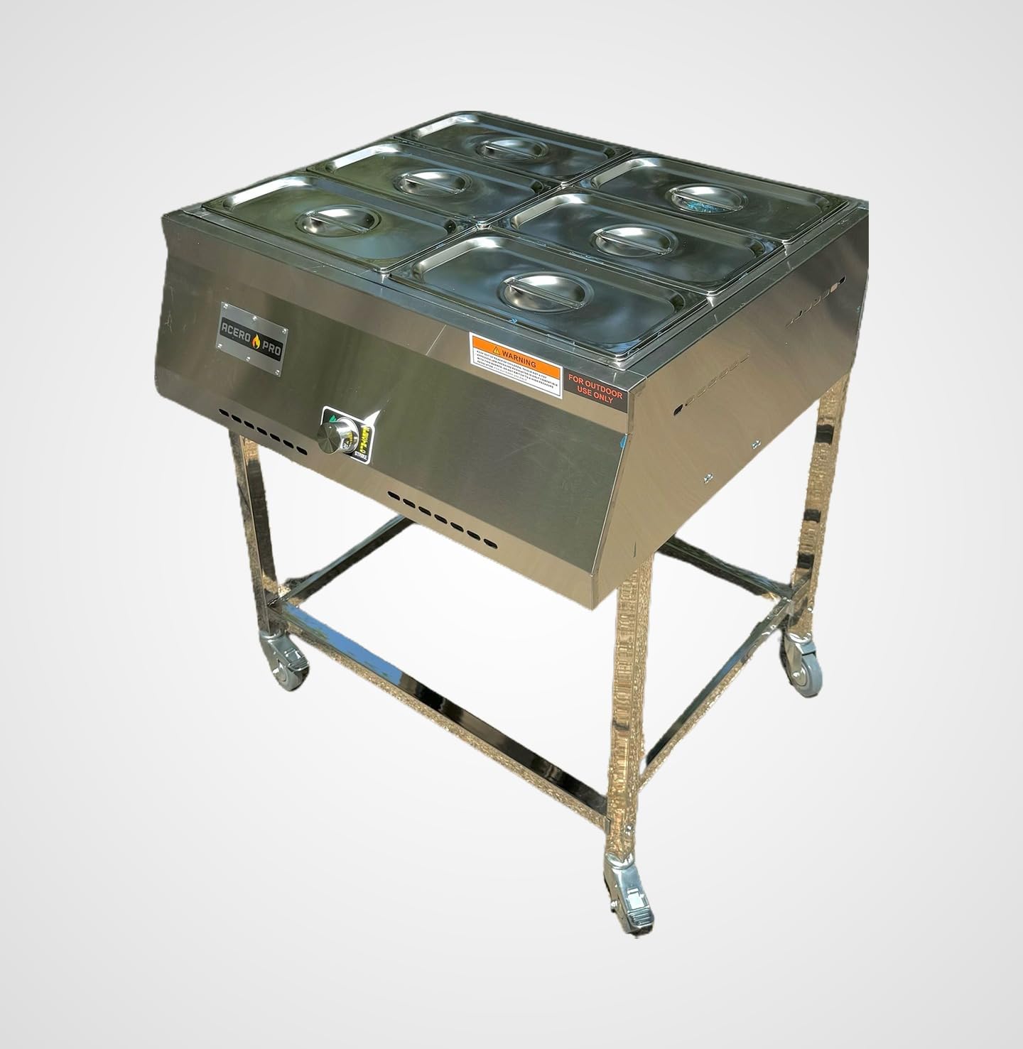 Acero Pro 6 Container Outdoor Steam Table Food Warmer Cart - Bain Marie - 6 Standard 1/3 Pans (12" x 6" x 4") - 30 Quarts Total - Stainless Steel - Propane Powered - Portable for Catering & Events