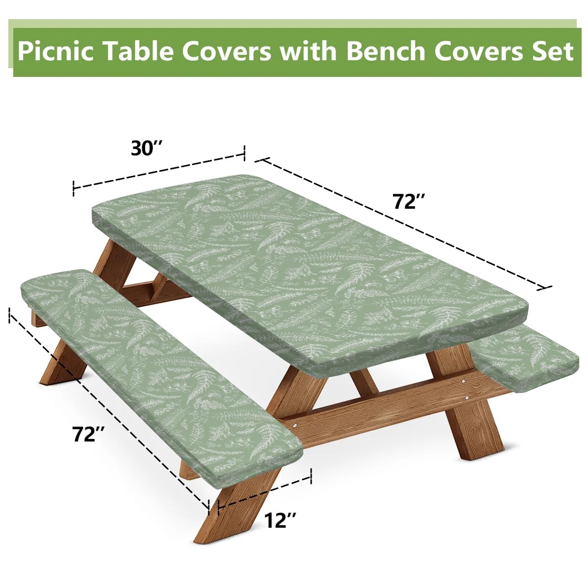 Opalaughs Sage Green Picnic Table Cover with Bench Covers 6 ft Leaf Elastic Edges Fitted Table Bench Cover Outdoor Waterproof Windproof Camping Essentials Fitted Tablecloth 3 pcs for 72" Tables Seats