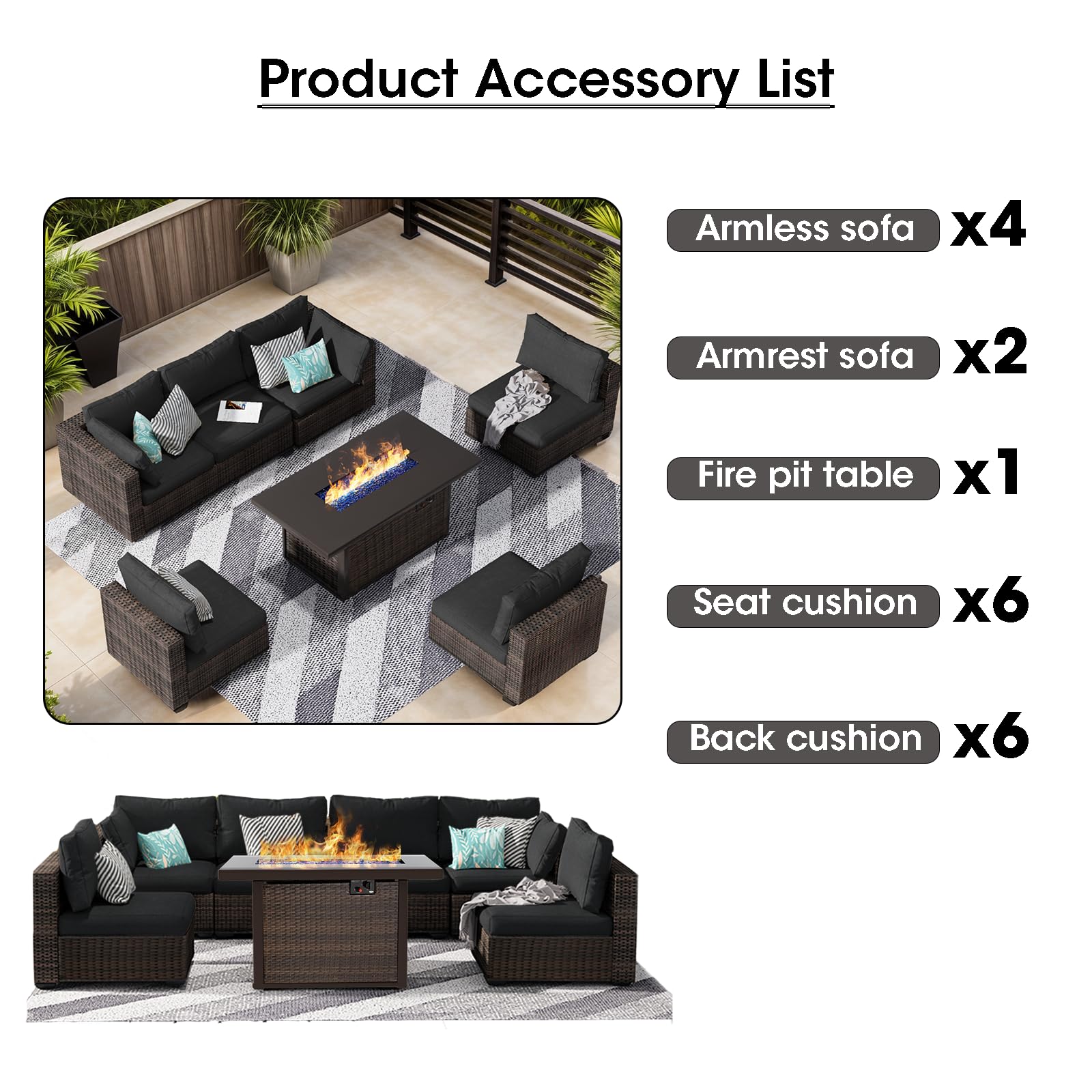 gaildon Patio Furniture Set, 7 PCS Outdoor Sectional Patio Furniture Set with 42" Fire Pit Table, All-Weather Rattan Wicker Sofa Couch for Garden Backyard Deck Poolside, Black