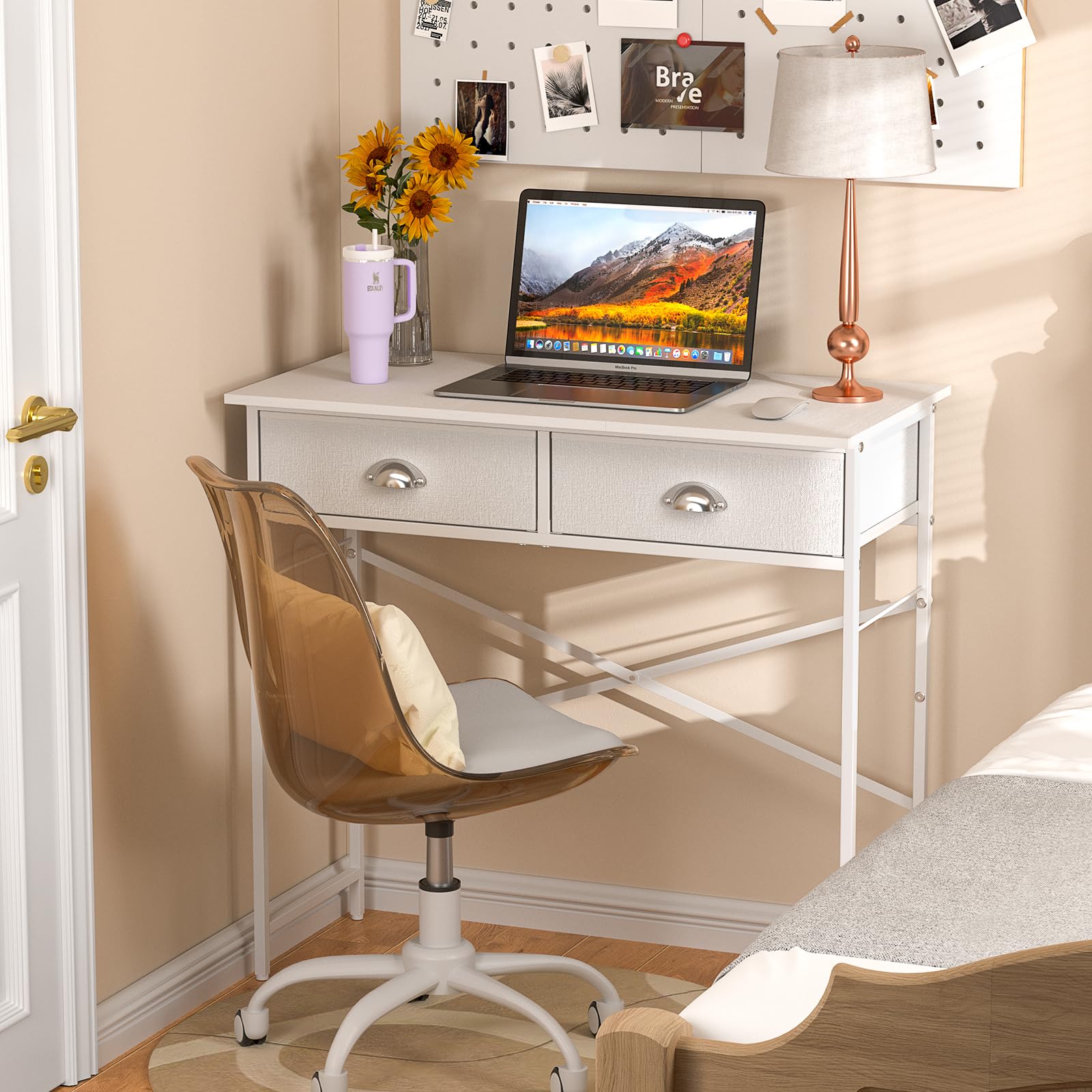 DAOUTIME Small Writing Desk for Kids Bedroom, 31.5 Inch Small Computer Desk for Small Spaces, Simple Desk with 2 Fabric Drawers for Home Office, Dorm, Living Room, Home Study Table, White